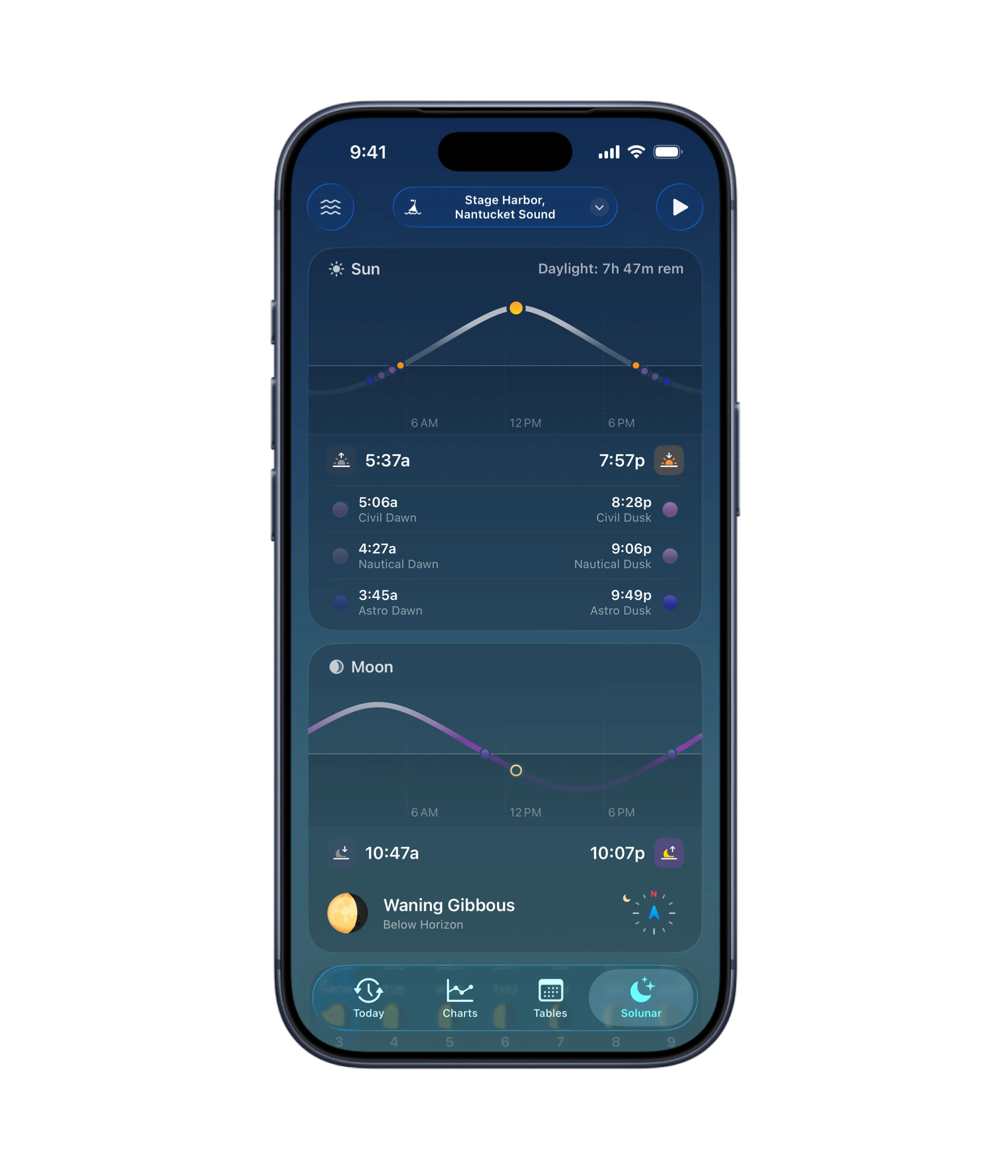 Tide Guide Sun and Moon paths and solunar details on iPhone